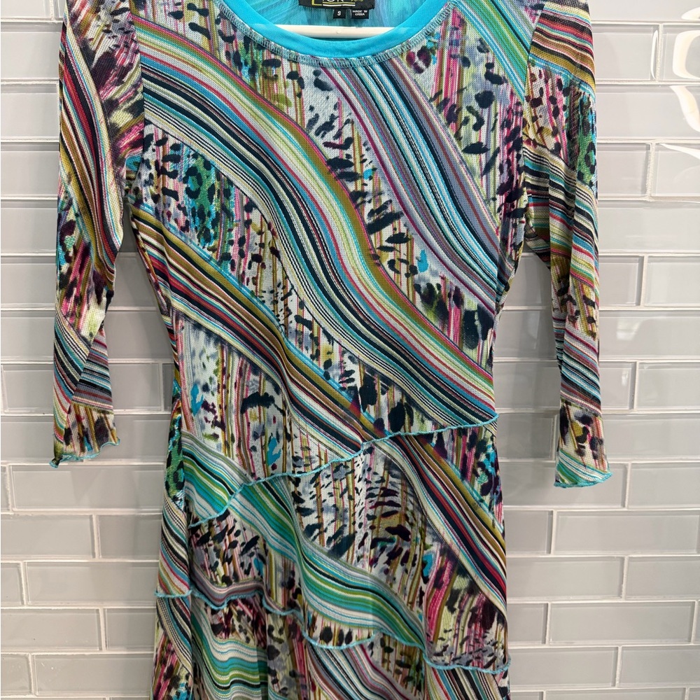 Lior Paris Women’s Multicolor Abstract Stripe Tunic Top Size S Mesh Stretch